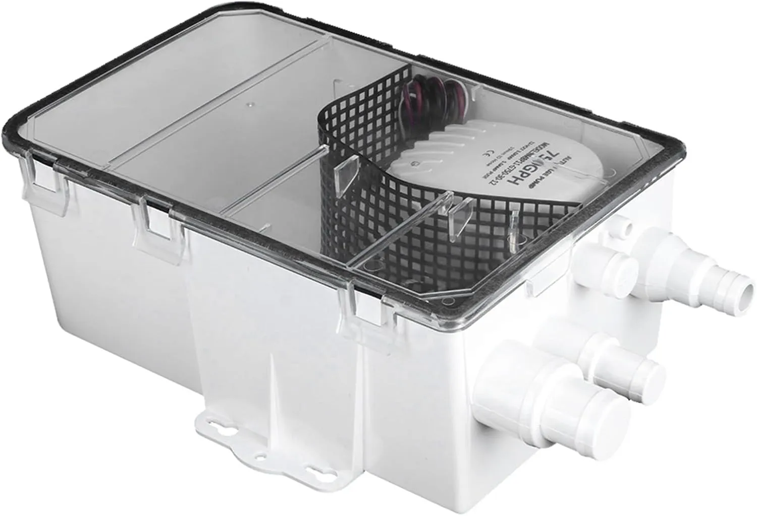 Shower Sump Pump System Marine Boat RV Bilge 12V 750GPH Multi Port Drain Box with Built in Switch Transparent Cover and Check Valve for Easy Cleaning and Water Backflow Prevention