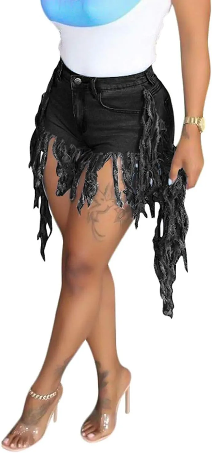 SIAEAMRG Jean Shorts for Women Juniors, Summer High Waisted Stretchy Frayed Raw Hem Tassels Denim Shorts