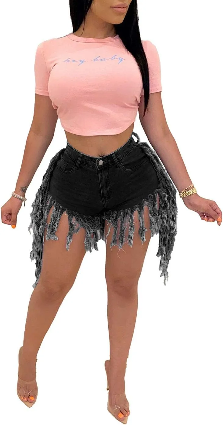 SIAEAMRG Jean Shorts for Women Juniors, Summer High Waisted Stretchy Frayed Raw Hem Tassels Denim Shorts