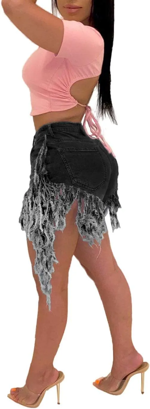 SIAEAMRG Jean Shorts for Women Juniors, Summer High Waisted Stretchy Frayed Raw Hem Tassels Denim Shorts