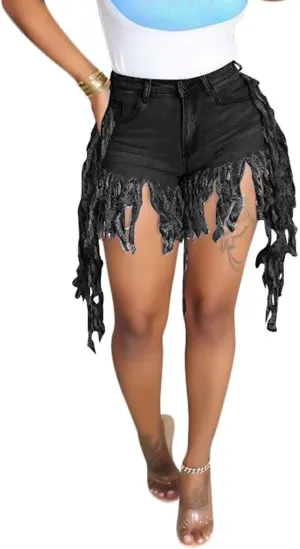 SIAEAMRG Jean Shorts for Women Juniors, Summer High Waisted Stretchy Frayed Raw Hem Tassels Denim Shorts