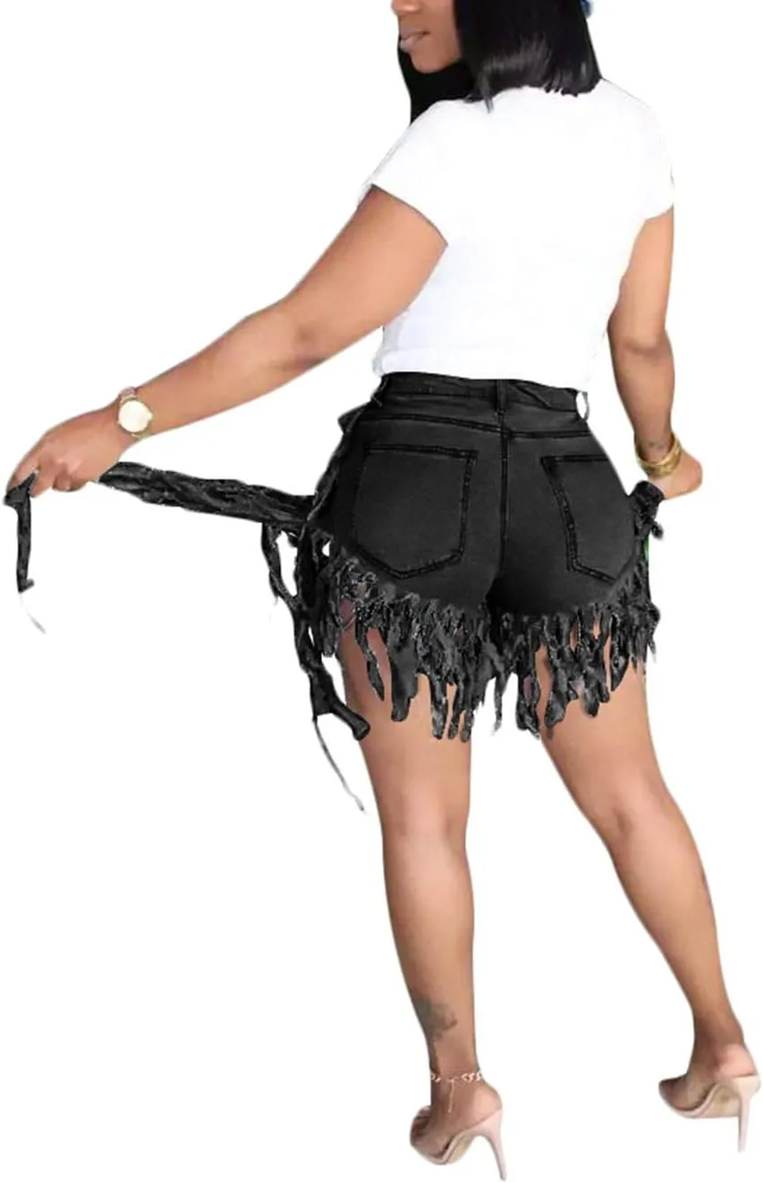 SIAEAMRG Jean Shorts for Women Juniors, Summer High Waisted Stretchy Frayed Raw Hem Tassels Denim Shorts
