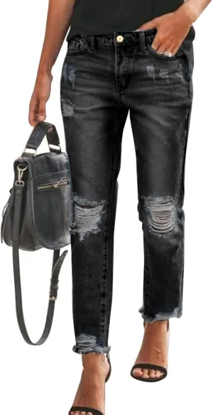 Sidefeel Women's Boyfriend Jeans Stretchy Ripped Distressed Zimbaplatinum Denim Pants Size 4-18
