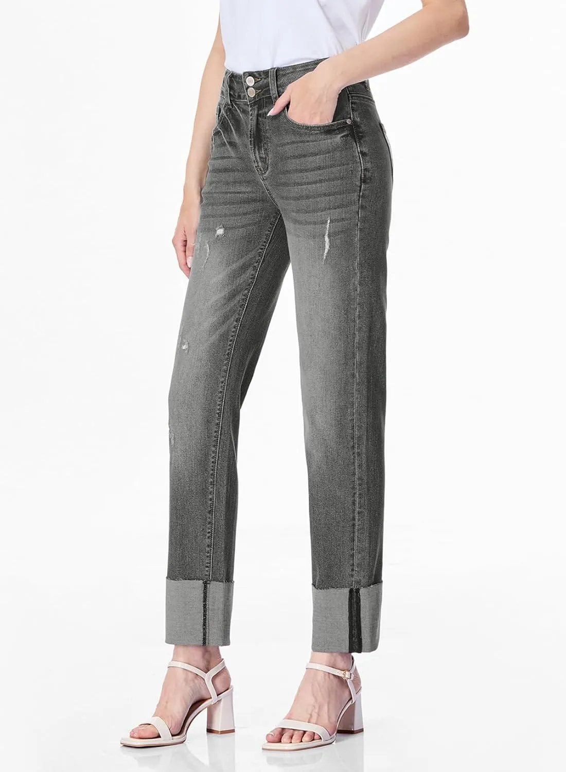 Sidefeel Women's High Waisted Tummy Control Jeans Cuffed Boyfriend Straight Leg Two Buttons Ripped Denim Pants