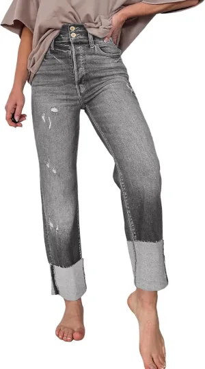 Sidefeel Women's High Waisted Tummy Control Jeans Cuffed Boyfriend Straight Leg Two Buttons Ripped Denim Pants