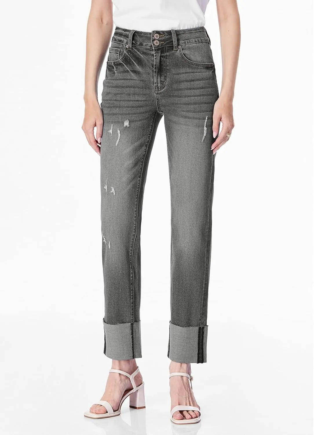 Sidefeel Women's High Waisted Tummy Control Jeans Cuffed Boyfriend Straight Leg Two Buttons Ripped Denim Pants