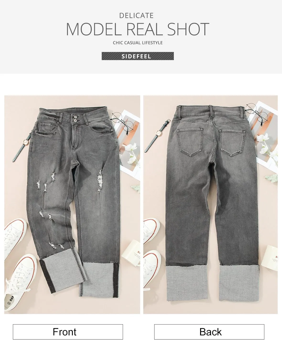 Sidefeel Women's High Waisted Tummy Control Jeans Cuffed Boyfriend Straight Leg Two Buttons Ripped Denim Pants