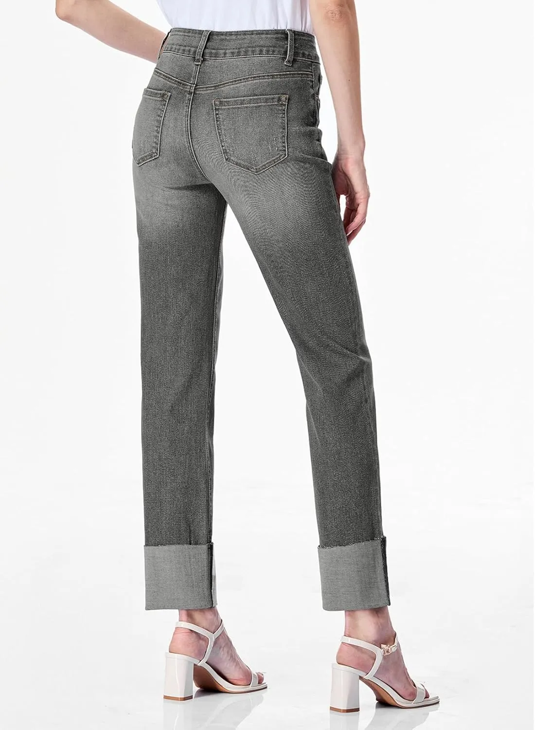 Sidefeel Women's High Waisted Tummy Control Jeans Cuffed Boyfriend Straight Leg Two Buttons Ripped Denim Pants