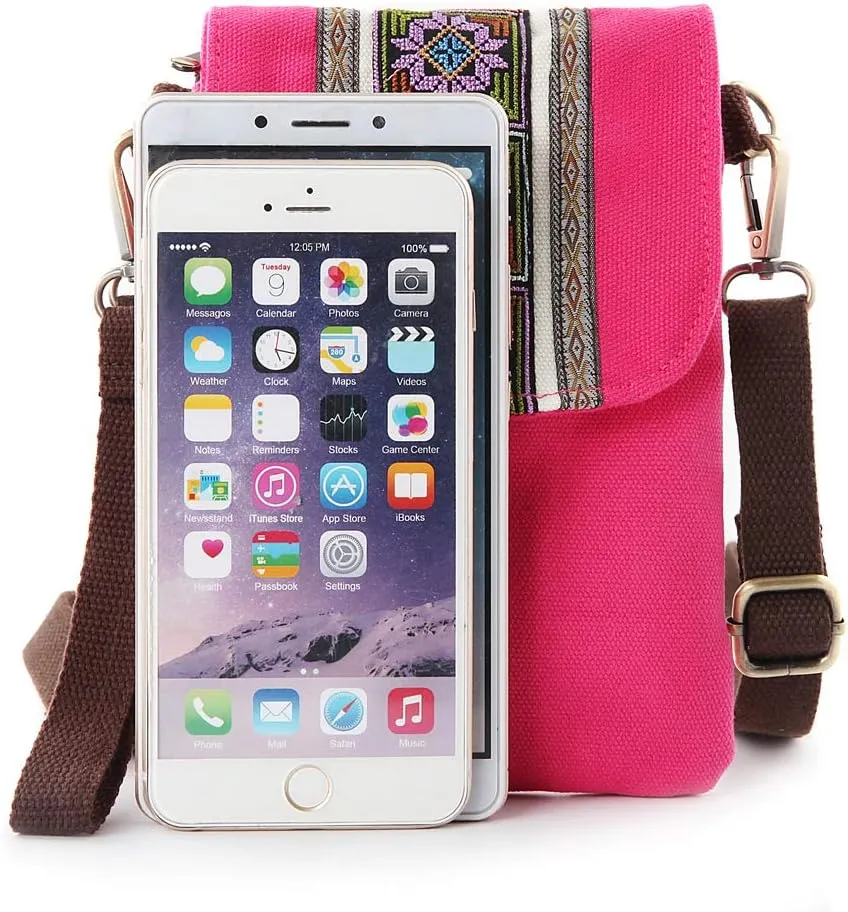 SILKAREA Vintage Embroidered Canvas Flip Small Crossbody Bag Cell Phone Pouch for Women Wristlet Wallet Bag Coin Purse