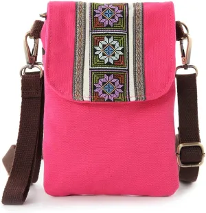 SILKAREA Vintage Embroidered Canvas Flip Small Crossbody Bag Cell Phone Pouch for Women Wristlet Wallet Bag Coin Purse