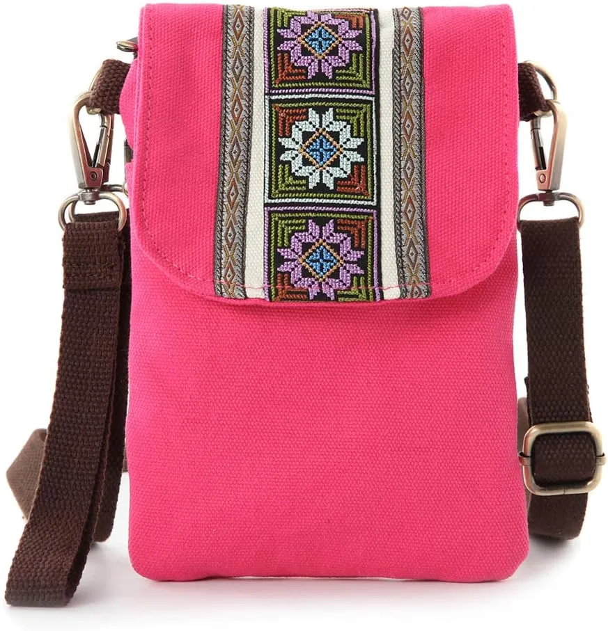 SILKAREA Vintage Embroidered Canvas Flip Small Crossbody Bag Cell Phone Pouch for Women Wristlet Wallet Bag Coin Purse