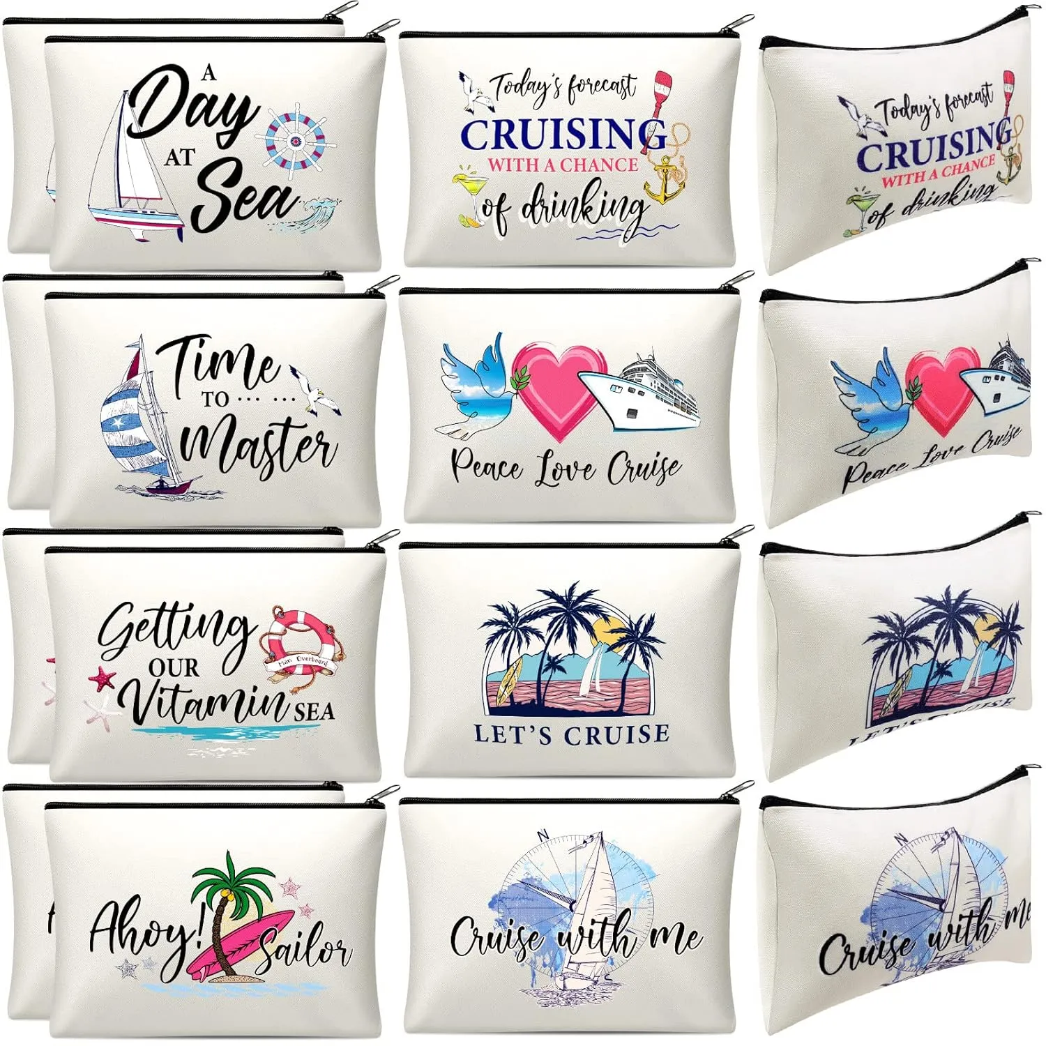 Silkfly 16 Pieces Cruise Survival Kit Novelty Cruise Cosmetic Bags Gift Travel Canvas Makeup Bag Zipper Organizer Pouch for Ocean Ship Lover Women Mom Vacation Friend Exchange Ideas(Canvas Base)