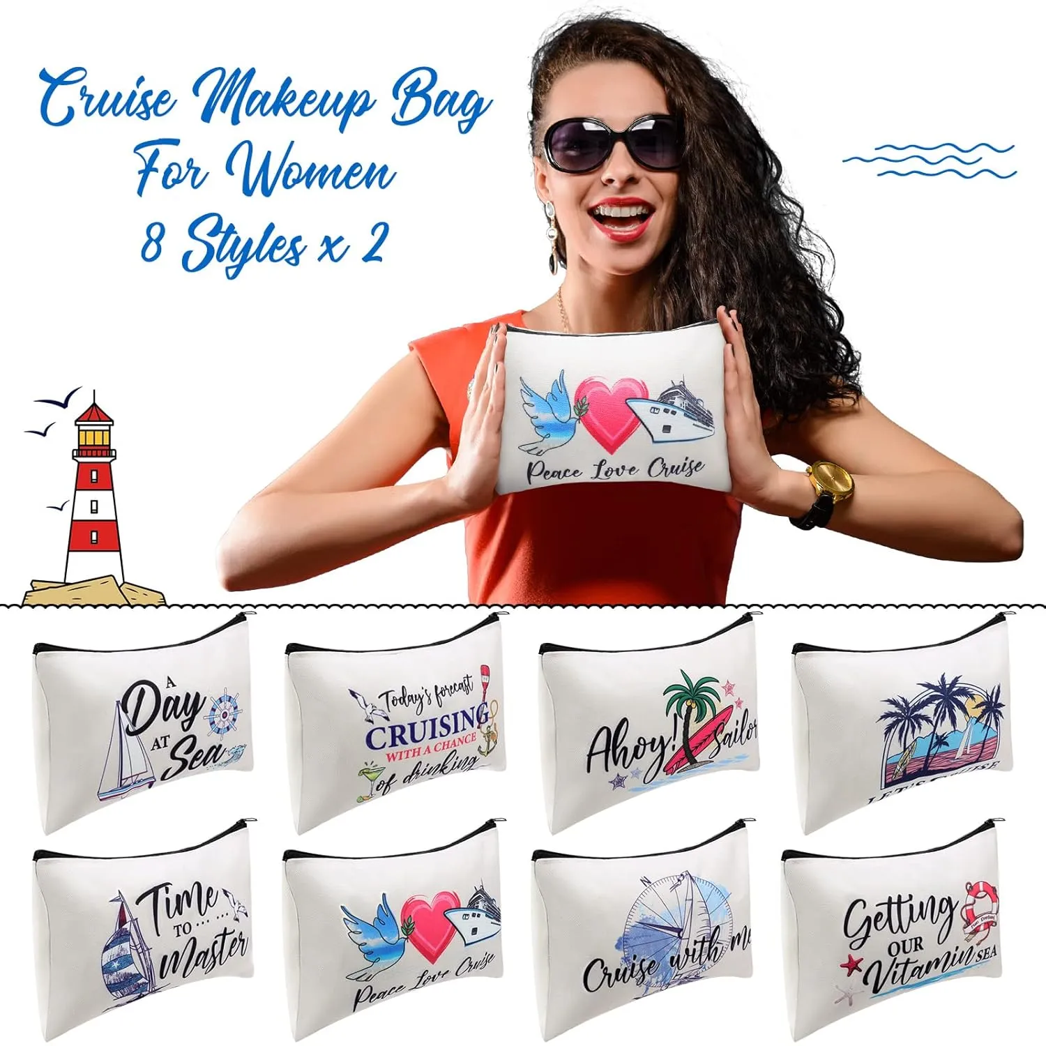 Silkfly 16 Pieces Cruise Survival Kit Novelty Cruise Cosmetic Bags Gift Travel Canvas Makeup Bag Zipper Organizer Pouch for Ocean Ship Lover Women Mom Vacation Friend Exchange Ideas(Canvas Base)