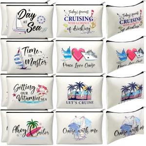 Silkfly 16 Pieces Cruise Survival Kit Novelty Cruise Cosmetic Bags Gift Travel Canvas Makeup Bag Zipper Organizer Pouch for Ocean Ship Lover Women Mom Vacation Friend Exchange Ideas(Canvas Base)