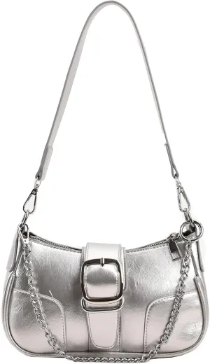 Silver Purse Evening Bag for Women Leather Y2K Shoulder Hobo Handbag
