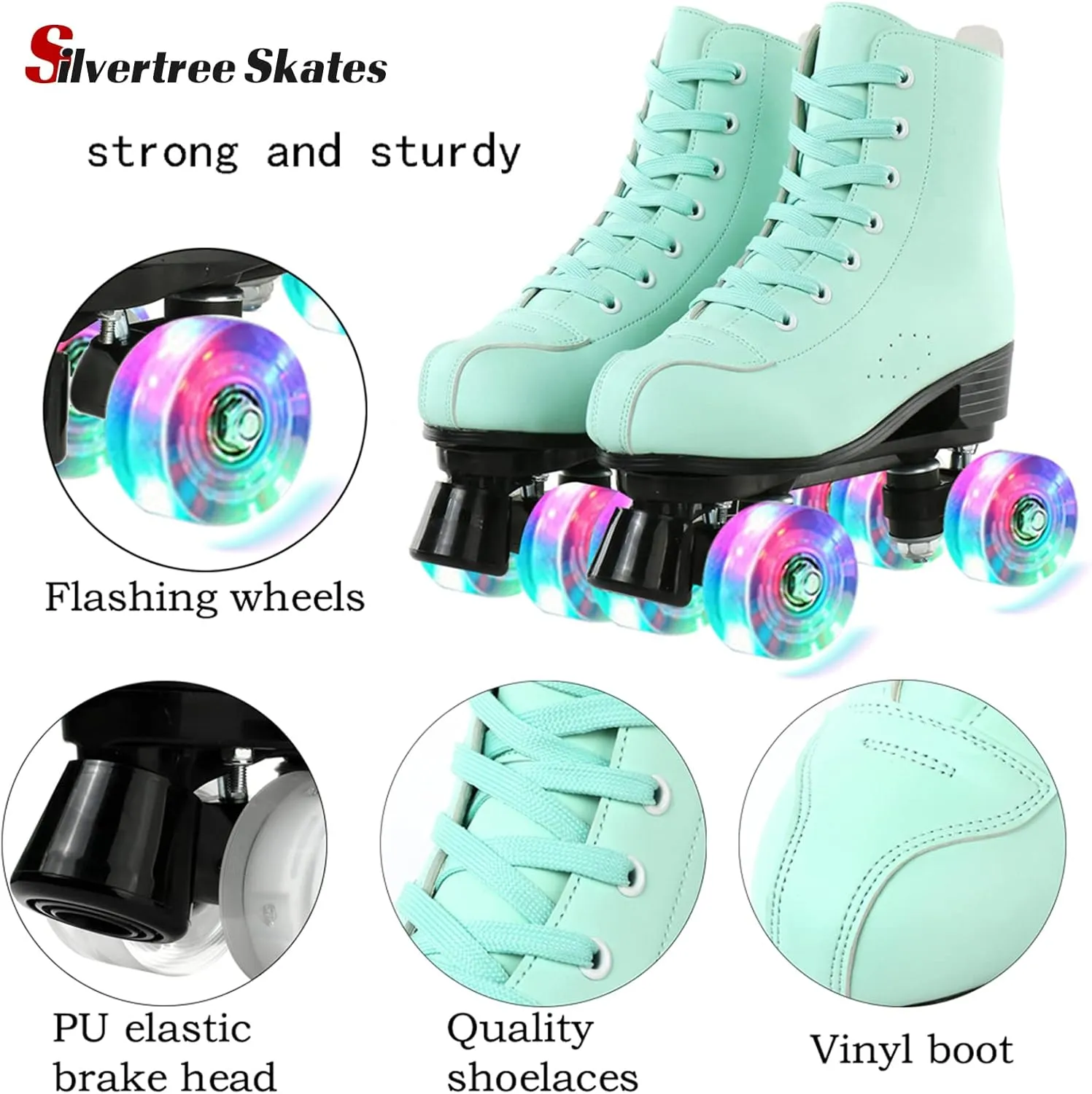 Silvertree Women's High-Top Shiny Roller Skates With Carry Bag - Leather, Four Wheels