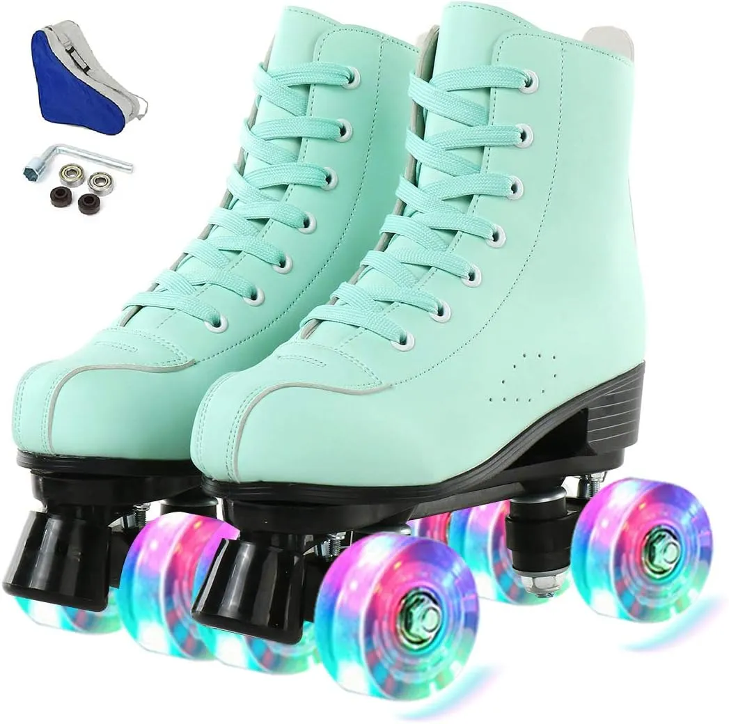 Silvertree Women's High-Top Shiny Roller Skates With Carry Bag - Leather, Four Wheels