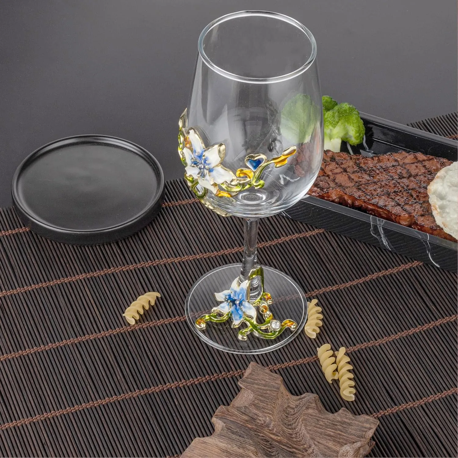 Simcat Handmade Painted Enamel Flower Glass Wine Glasses Transparent Refined Goblet, Stem For Cabernet, Gifts (Blue single gift box,1 Gift Box)