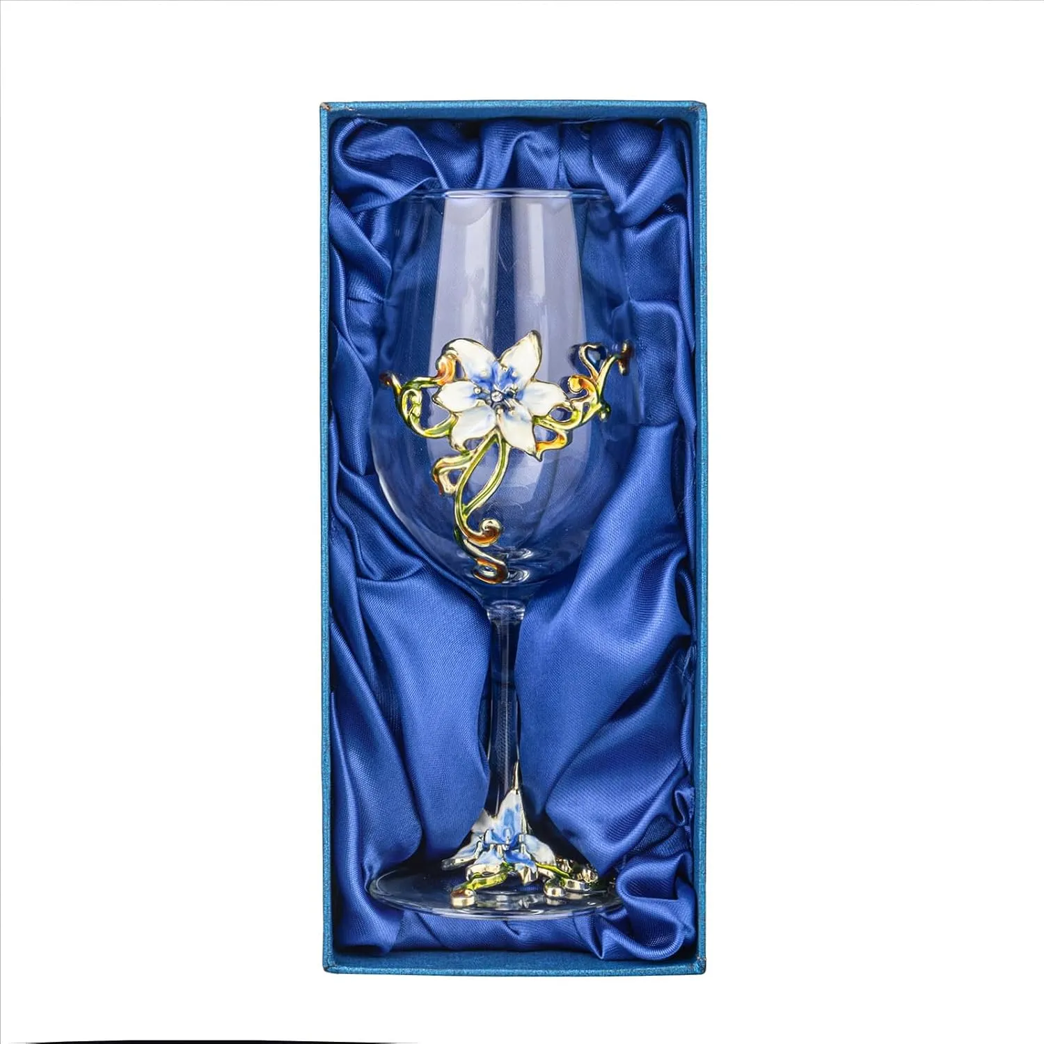 Simcat Handmade Painted Enamel Flower Glass Wine Glasses Transparent Refined Goblet, Stem For Cabernet, Gifts (Blue single gift box,1 Gift Box)