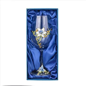 Simcat Handmade Painted Enamel Flower Glass Wine Glasses Transparent Refined Goblet, Stem For Cabernet, Gifts (Blue single gift box,1 Gift Box)