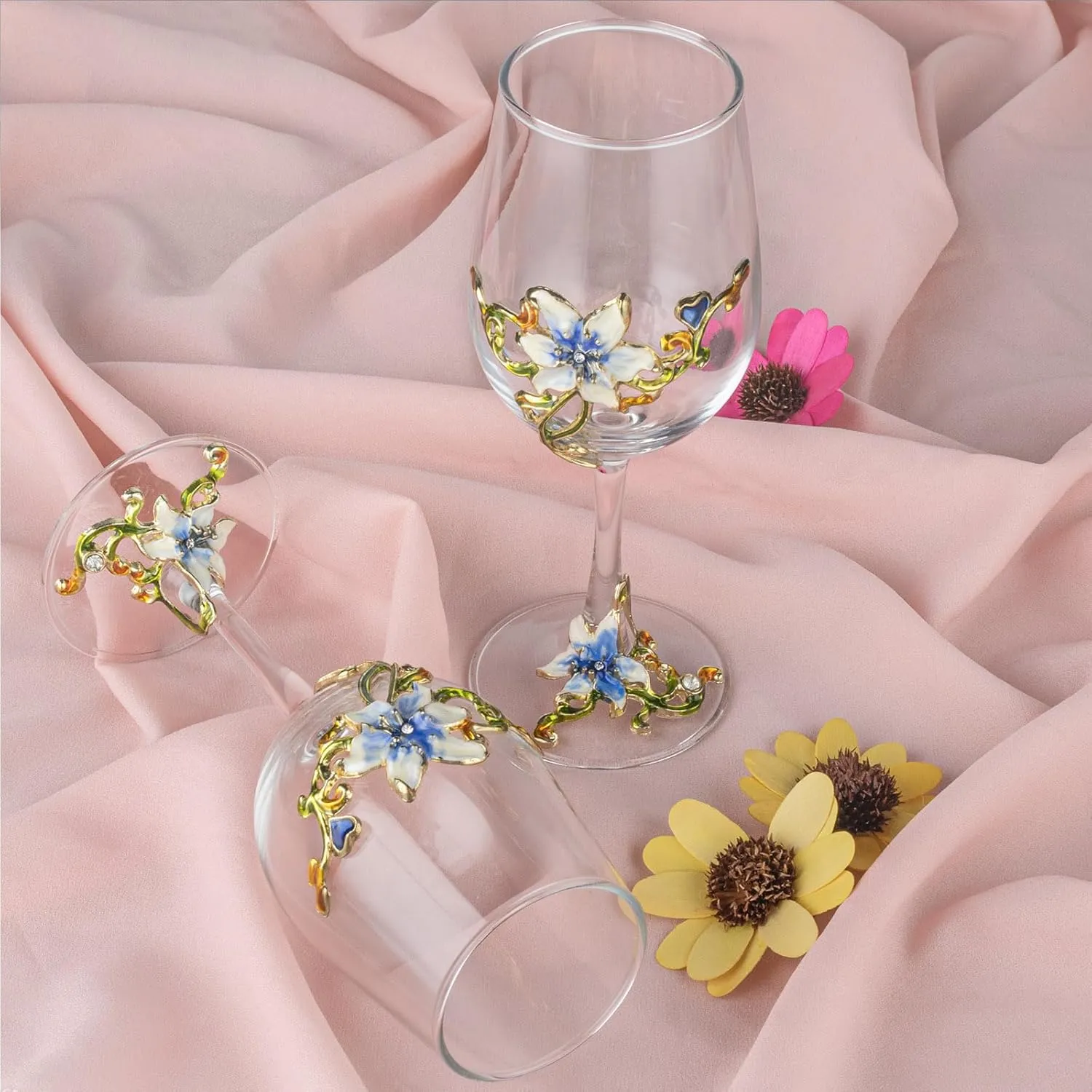 Simcat Handmade Painted Enamel Flower Glass Wine Glasses Transparent Refined Goblet, Stem For Cabernet, Gifts (Blue single gift box,1 Gift Box)