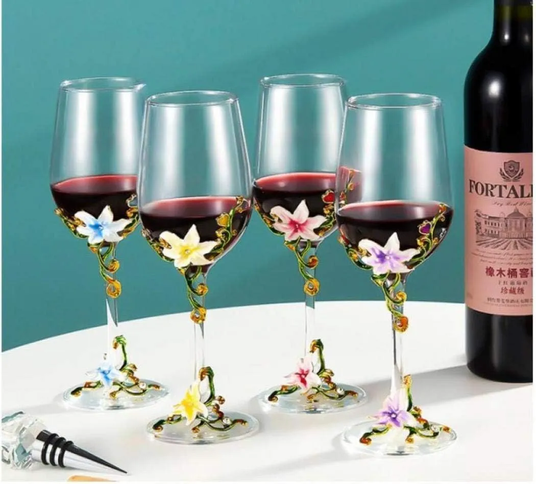 Simcat Handmade Painted Enamel Flower Glass Wine Glasses Transparent Refined Goblet, Stem For Cabernet, Gifts (Blue single gift box,1 Gift Box)