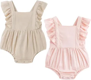Simplee kids 2PCS Baby Boys Girls Adjustable Slip Romper Summer Outfit Jumpsuit Cotton Linen Bodysuit
