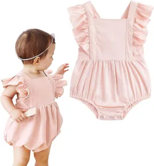 Simplee kids Baby Girls Handmade Solid Color Romper for Spring Newborn Infant Baby Outfit Jumpsuit Bodysuit