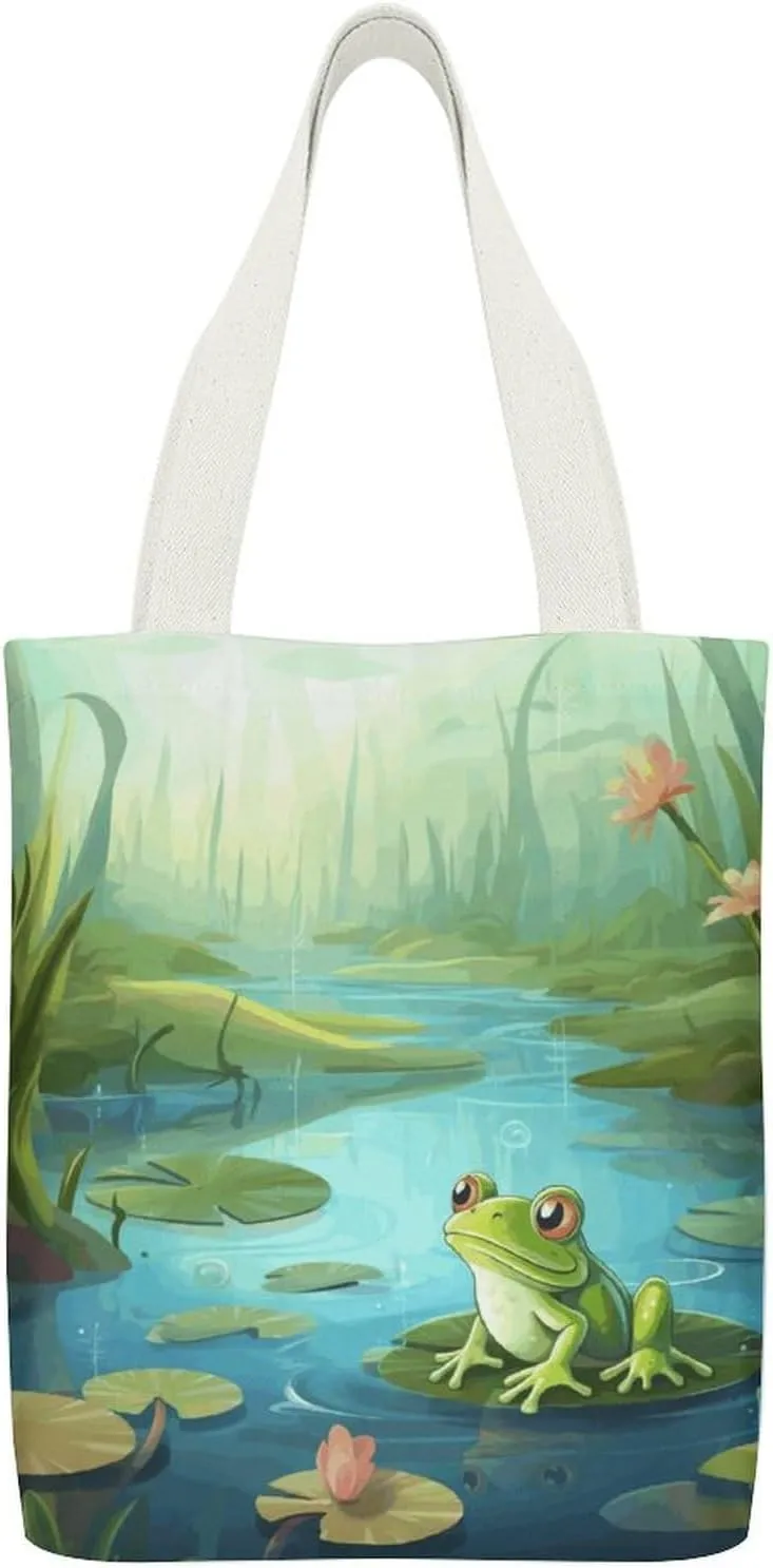 Single-sided Printed Canvas Handbag,Frog in A Pond Print Simple Handbag,single Shoulder Tote Bag,canvas Bag