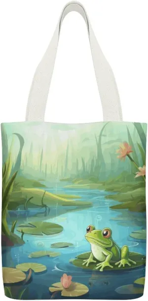 Single-sided Printed Canvas Handbag,Frog in A Pond Print Simple Handbag,single Shoulder Tote Bag,canvas Bag