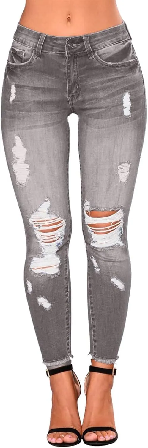 Skinny Jeans for Women Stretchy High Waisted Ripped Jeans Tummy Control Distressed Denim Leggings with Pockets