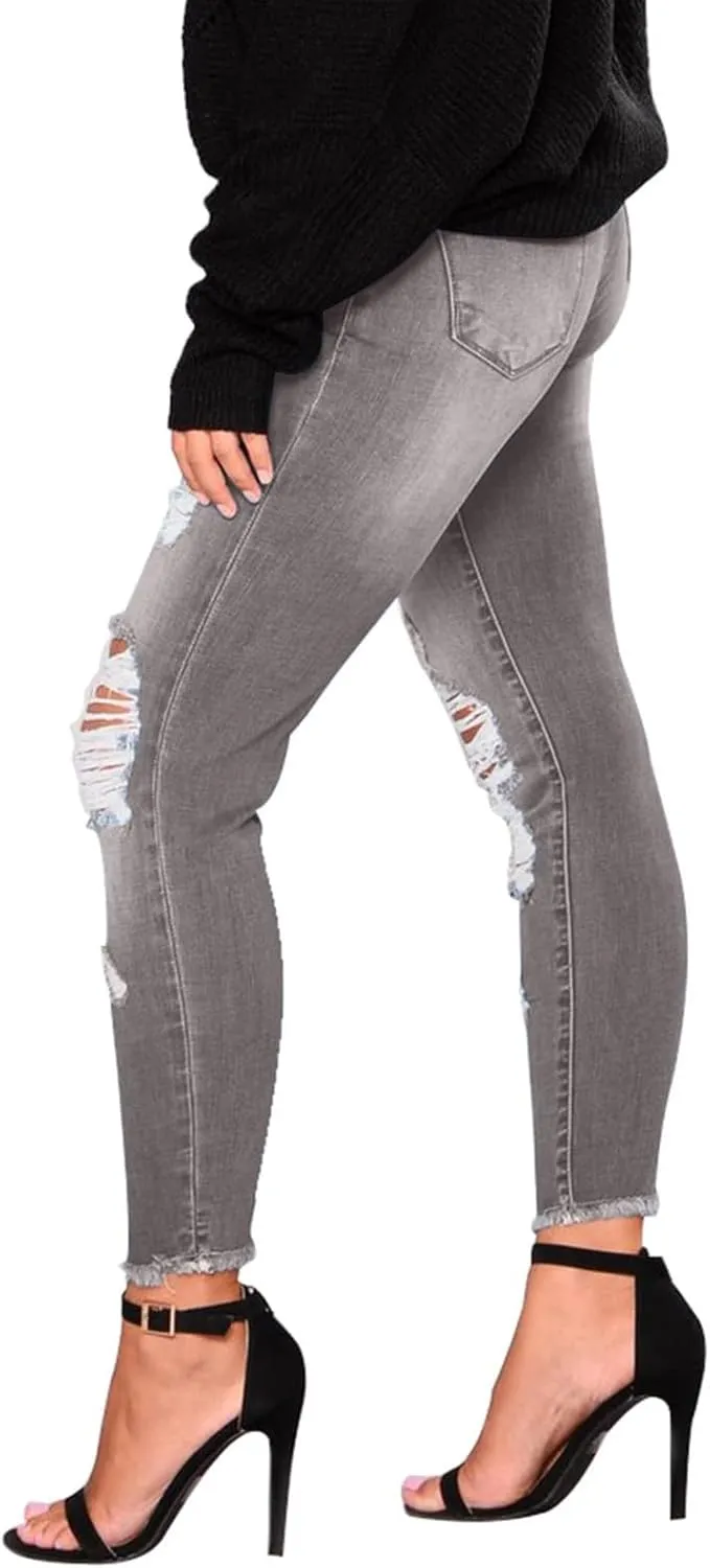 Skinny Jeans for Women Stretchy High Waisted Ripped Jeans Tummy Control Distressed Denim Leggings with Pockets