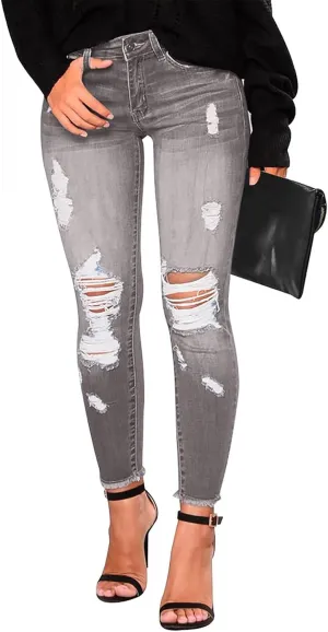 Skinny Jeans for Women Stretchy High Waisted Ripped Jeans Tummy Control Distressed Denim Leggings with Pockets