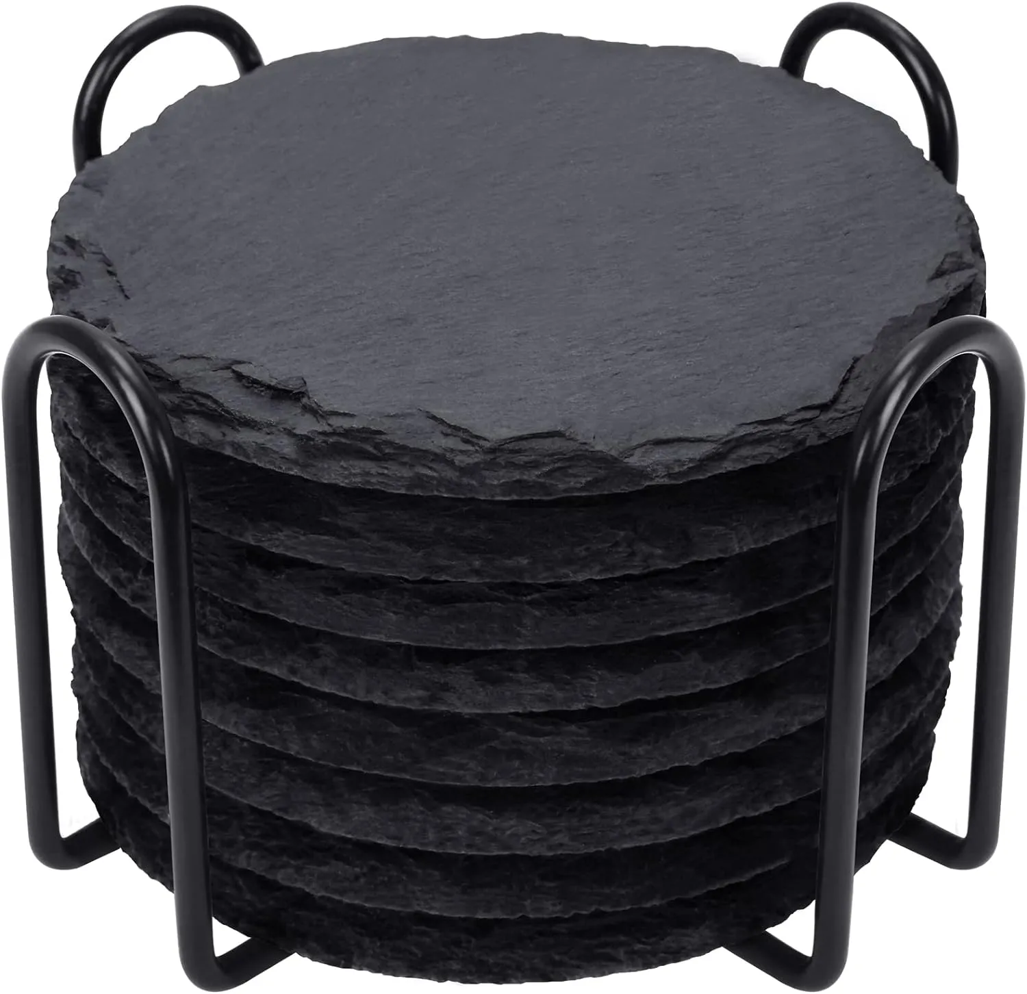 Slate Drink Coasters with Metal Holder, GOH DODD Set of 8 Black Coasters, 4 Inch Stone Coaster Set Coffee Table Decor Tabletop Protection for Home Office Kitchen Apartment Bar