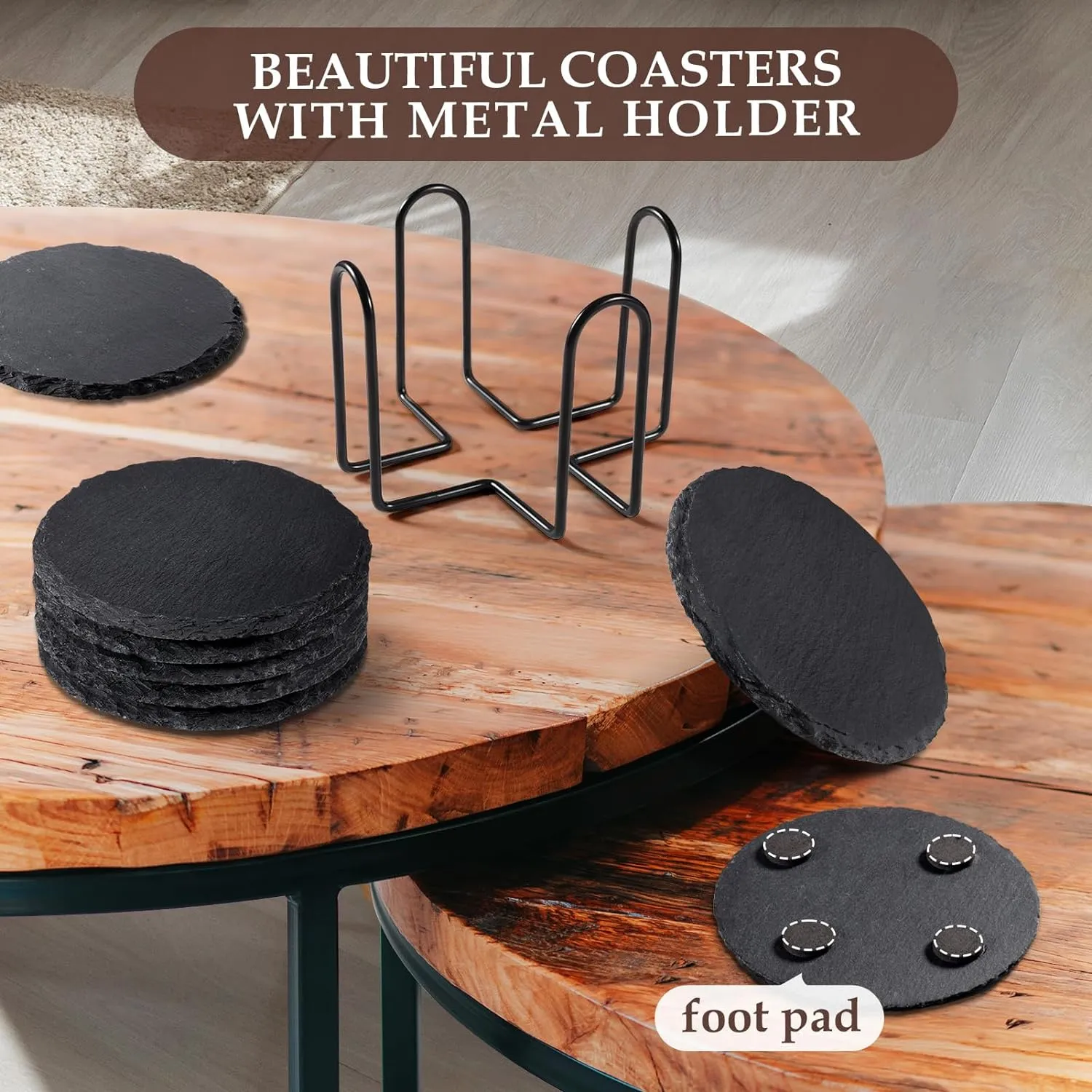 Slate Drink Coasters with Metal Holder, GOH DODD Set of 8 Black Coasters, 4 Inch Stone Coaster Set Coffee Table Decor Tabletop Protection for Home Office Kitchen Apartment Bar