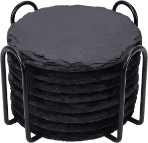 Slate Drink Coasters with Metal Holder, GOH DODD Set of 8 Black Coasters, 4 Inch Stone Coaster Set Coffee Table Decor Tabletop Protection for Home Office Kitchen Apartment Bar