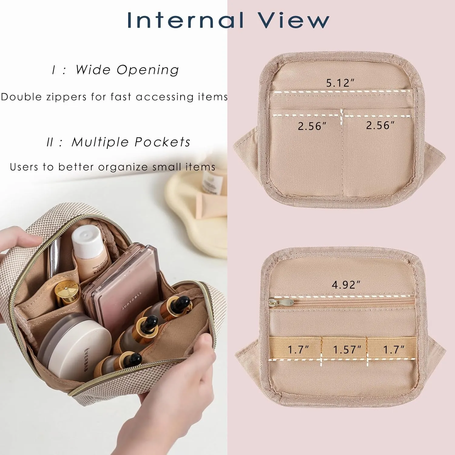 Small Canvas Makeup Bag with Compartments for Purse, Wide-open Makeup Pouch with Zipper and Keychain, Key Pocket Lipstick Bag Travel Organizer Bag (04Black)