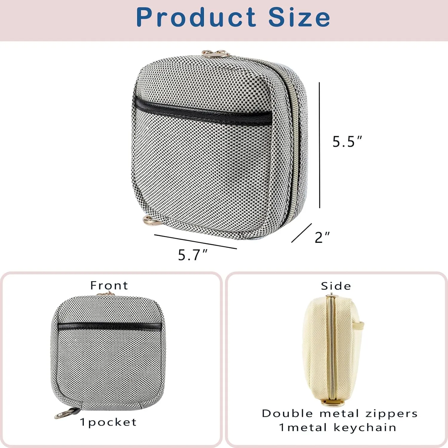 Small Canvas Makeup Bag with Compartments for Purse, Wide-open Makeup Pouch with Zipper and Keychain, Key Pocket Lipstick Bag Travel Organizer Bag (04Black)