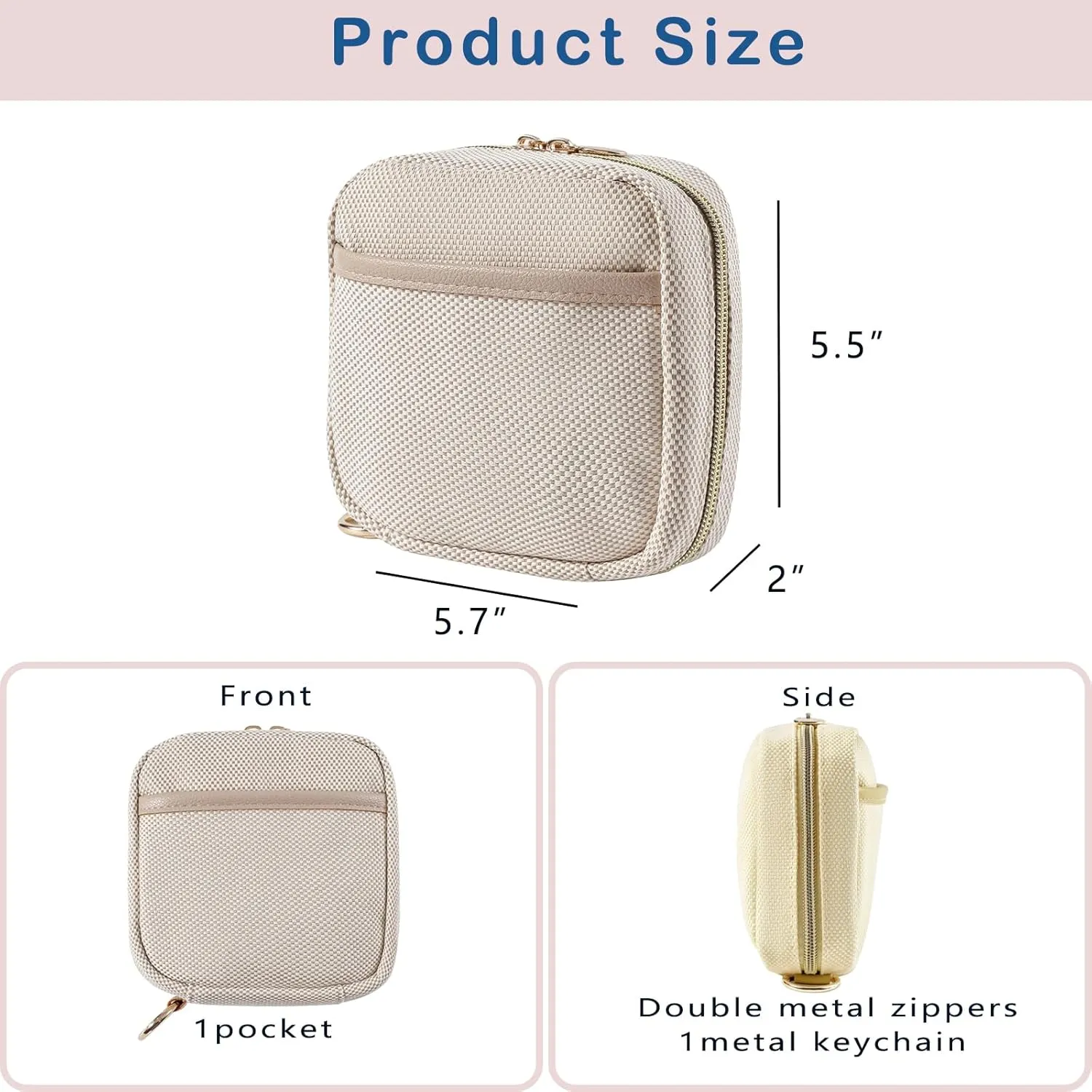 Small Canvas Makeup Bag with Compartments for Purse, Wide-open Makeup Pouch with Zipper and Keychain, Key Pocket Lipstick Bag Travel Organizer Bag（01Beige）
