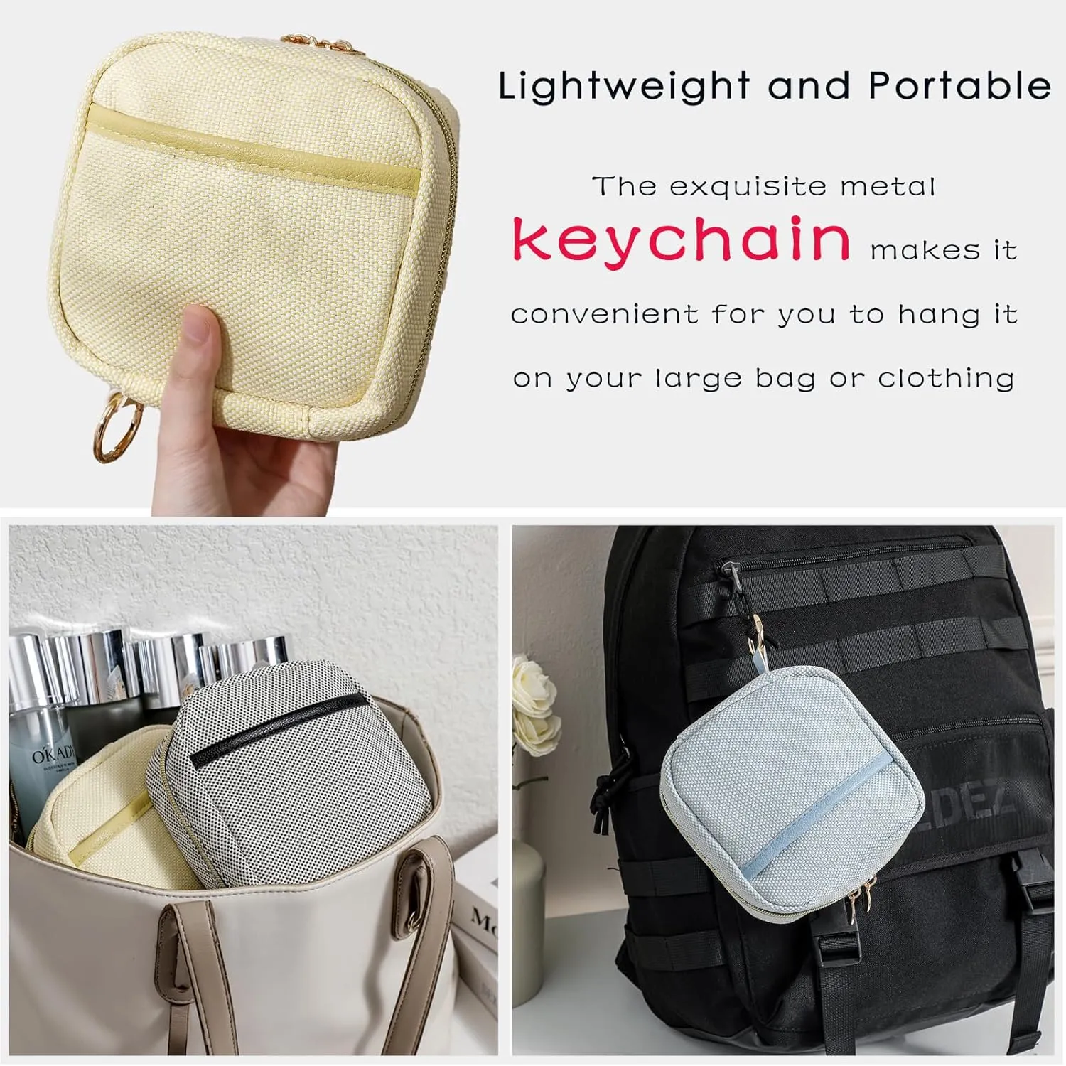 Small Canvas Makeup Bag with Compartments for Purse, Wide-open Makeup Pouch with Zipper and Keychain, Key Pocket Lipstick Bag Travel Organizer Bag（01Beige）