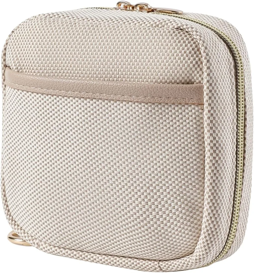 Small Canvas Makeup Bag with Compartments for Purse, Wide-open Makeup Pouch with Zipper and Keychain, Key Pocket Lipstick Bag Travel Organizer Bag（01Beige）