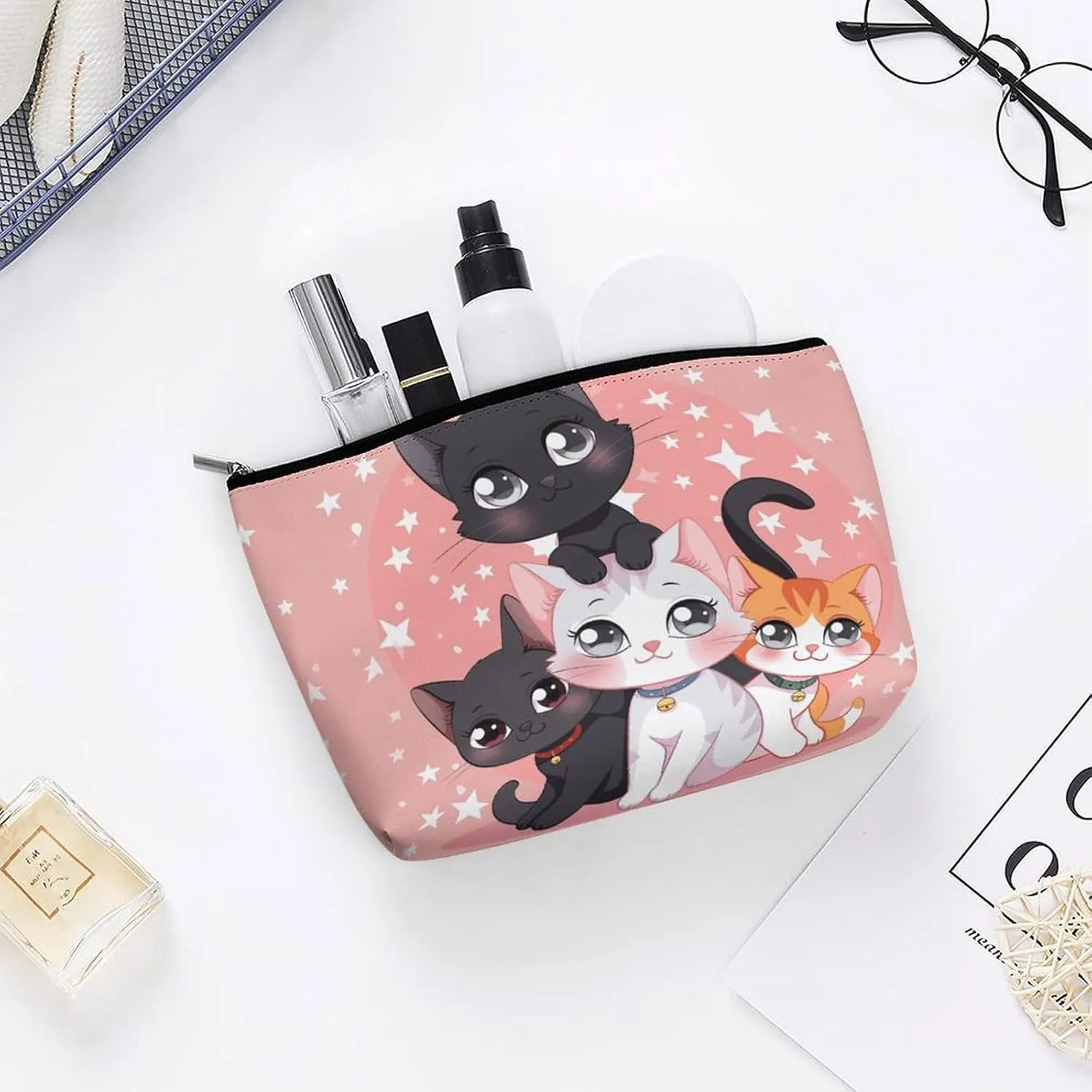 Small Cosmetic Bag Elegant Roomy Cartoon Little Cat Makeup Bags Portable Zipper Pouch Lipstick Bag Travel Toiletry Bag for Best Friend Gift