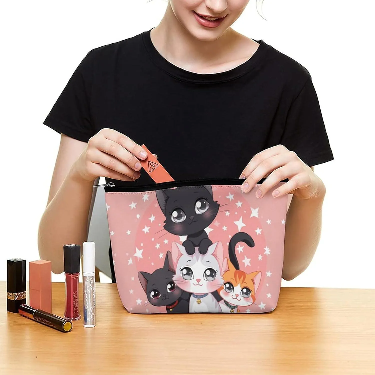 Small Cosmetic Bag Elegant Roomy Cartoon Little Cat Makeup Bags Portable Zipper Pouch Lipstick Bag Travel Toiletry Bag for Best Friend Gift
