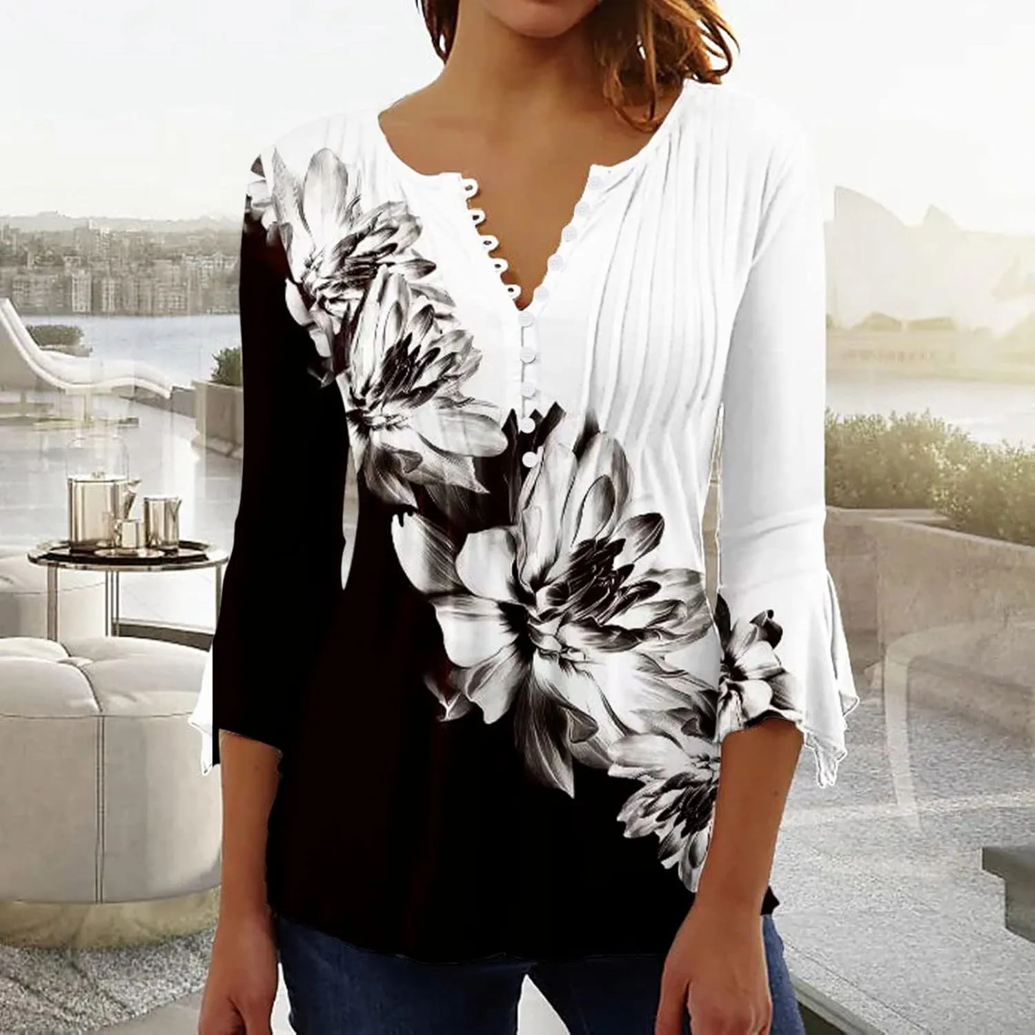 SMIDOW Three Quarter Bell Sleeve Tops for Women Fashion Summer Tunic Shirt 3/4 Sleeve Henley v Neck Boho Floral Tshirt Blouse