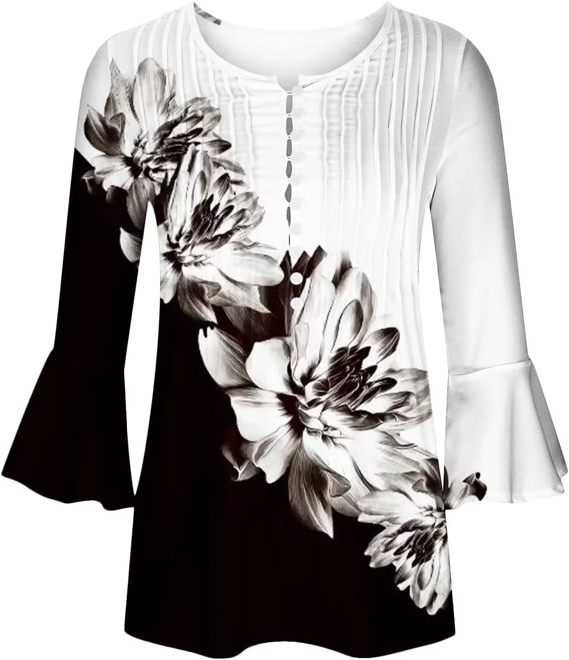 SMIDOW Three Quarter Bell Sleeve Tops for Women Fashion Summer Tunic Shirt 3/4 Sleeve Henley v Neck Boho Floral Tshirt Blouse