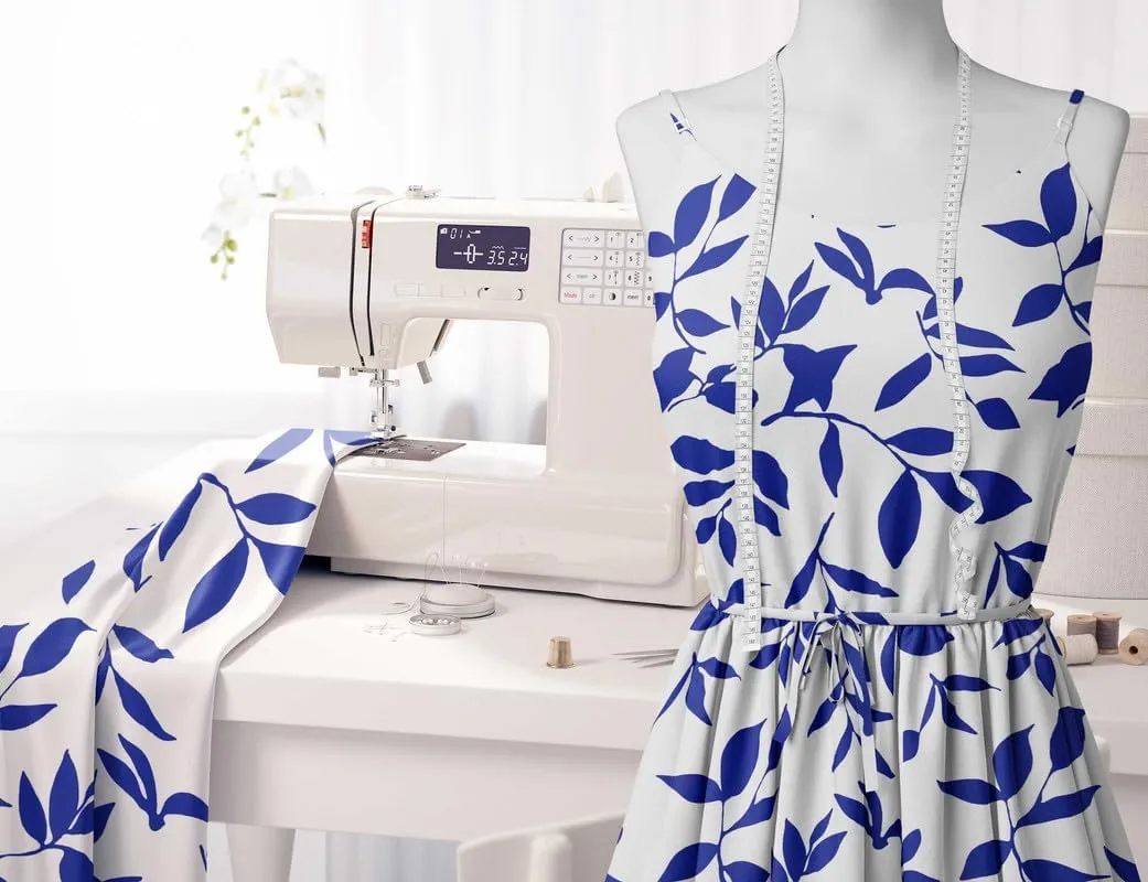 Soimoi Silky Satin Fabric Material, 1 Yard - 42" Inch Width, Blue - Leaves Print - Soft Shiny Fabric for Dress, Pillowcases, Pajamas, Evening Dress, DIY
