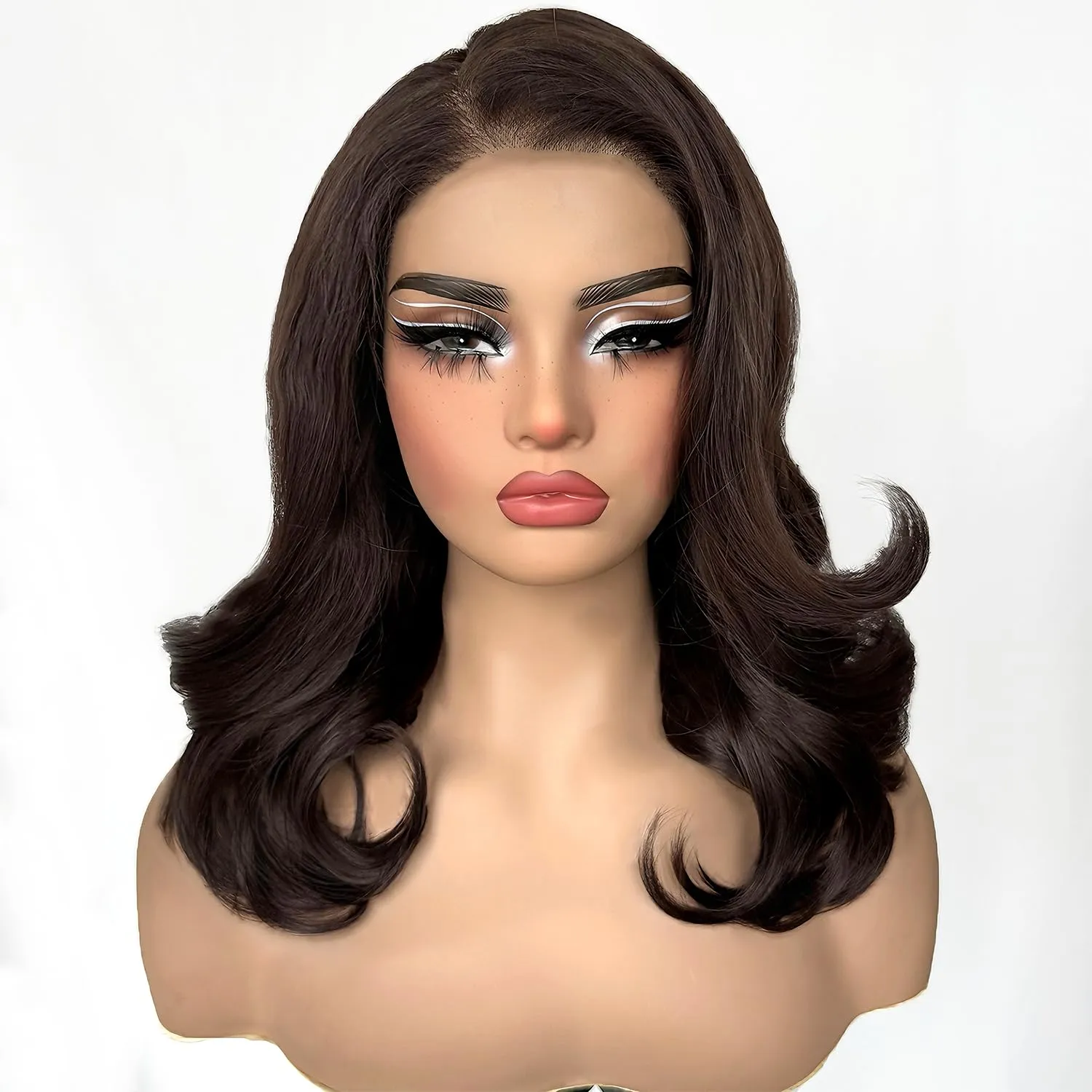 SOKU 13X6 Chocolate Brown Lace Front Wigs Pre Layered, 18 Inch Short Wavy Glueless Wigs Pre Plucked, Body Wave Synthetic Lace Front Wigs for Women