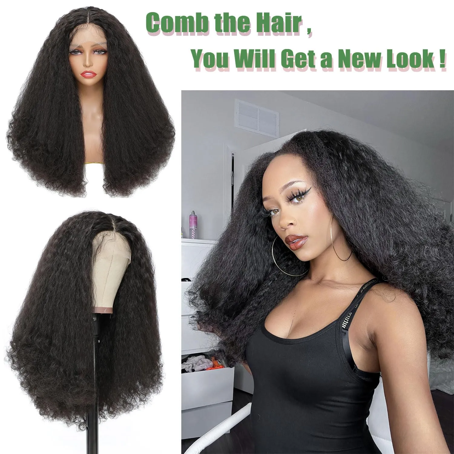 SOKU Afro Curly Lace Front Wig Synthetic Kinky Straight with Curly Ends T Part HD Transparent Swiss Lace Fluffy Bouncy Hair Wigs 20 Inch Dark Brown Heat Friendly Afro Wigs for Black Women