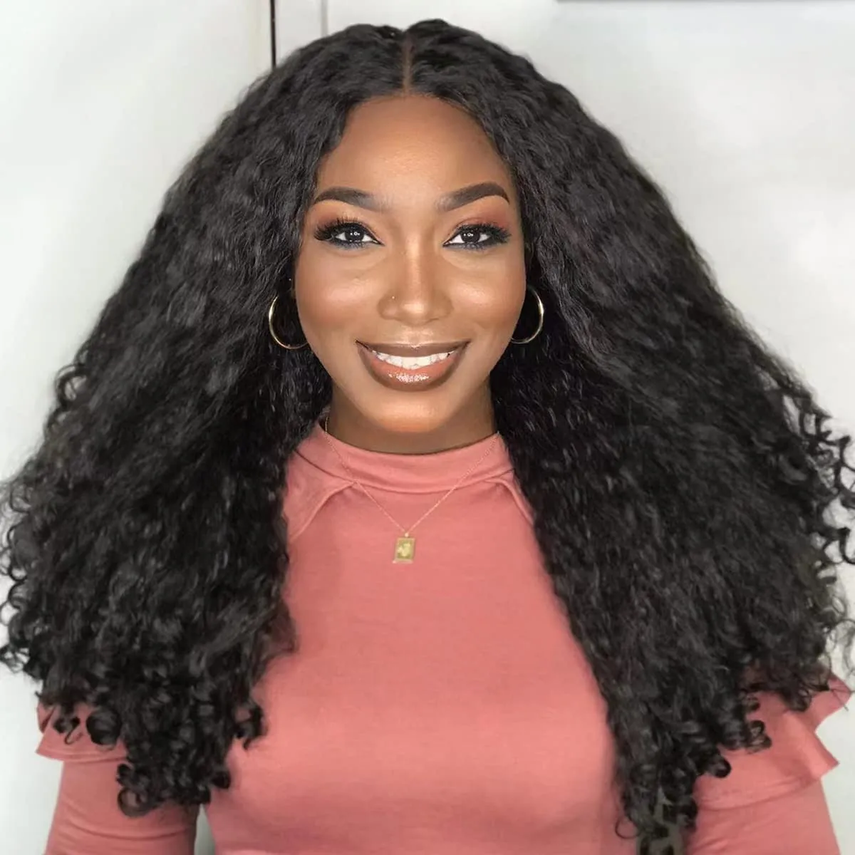 SOKU Afro Curly Lace Front Wig Synthetic Kinky Straight with Curly Ends T Part HD Transparent Swiss Lace Fluffy Bouncy Hair Wigs 20 Inch Dark Brown Heat Friendly Afro Wigs for Black Women
