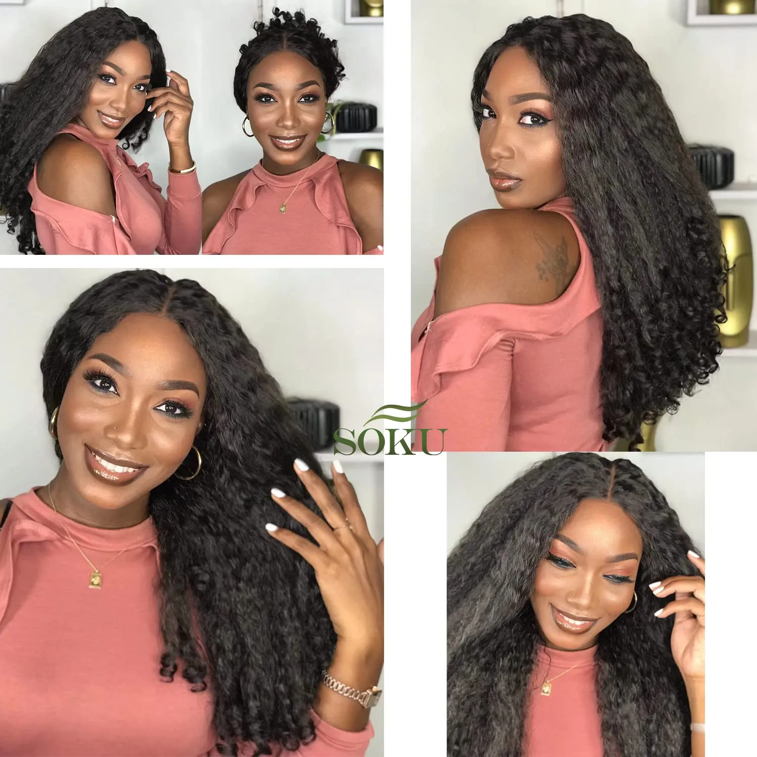 SOKU Afro Curly Lace Front Wig Synthetic Kinky Straight with Curly Ends T Part HD Transparent Swiss Lace Fluffy Bouncy Hair Wigs 20 Inch Dark Brown Heat Friendly Afro Wigs for Black Women